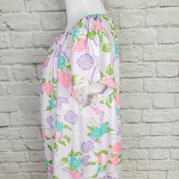 Vintage Purple Pink Tropical Floral Nightgown Nightie Kaftan Keyhole Neck OSFA - Picture 7 of 15